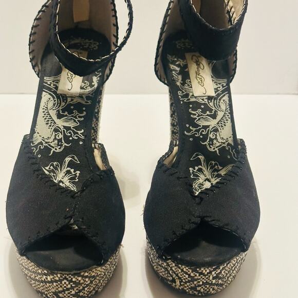 ED HARDY Peep Toe PLATFORM ANKLE STRAP CUSHIONED KOI FISH LINING Size 10 M - Picture 2 of 14